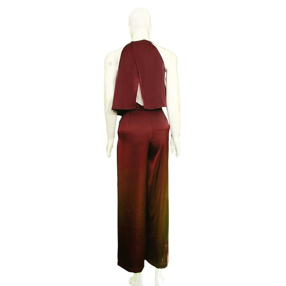 1990s Vintage Burgundy Halterneck Wide-Leg Jumpsuit - Picture 2 of 4